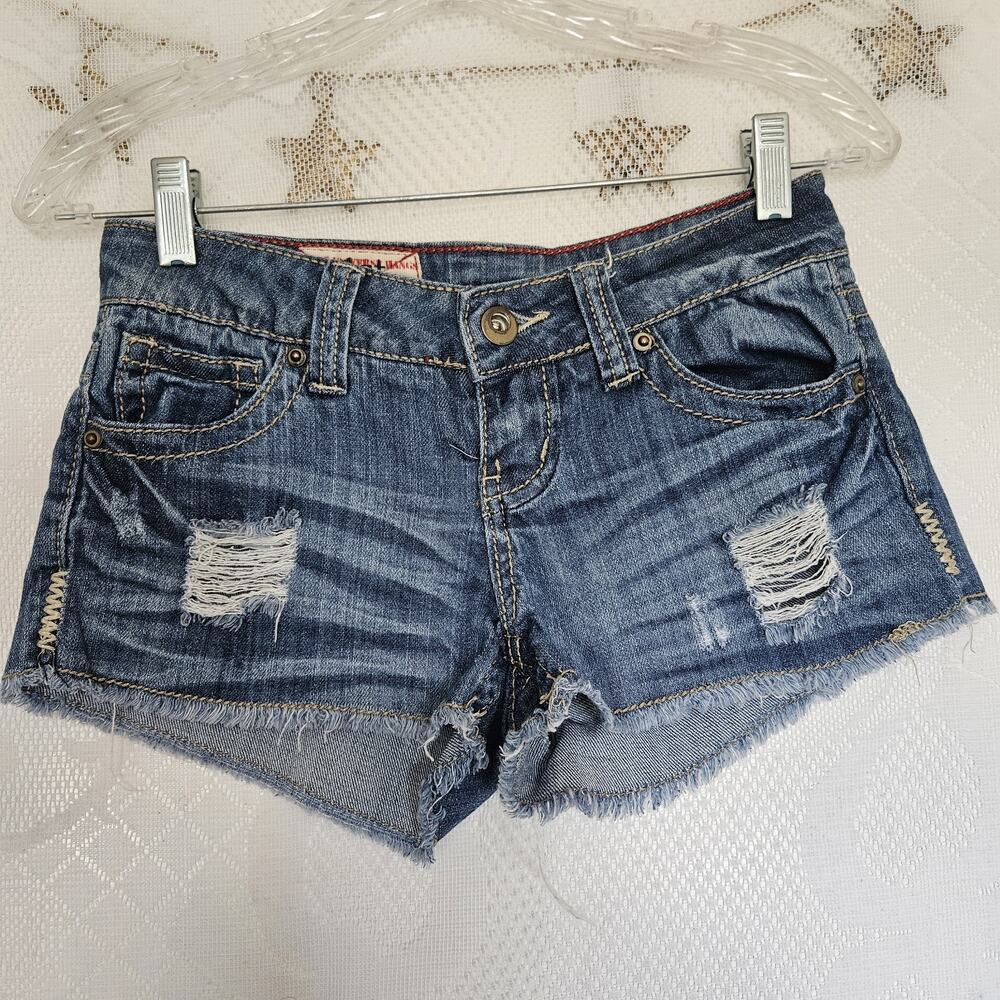 1st Kiss Size 1Jr. Dark Wash Low Rise Cutoff Denim Shorts Frayed Hem Daisy Duke